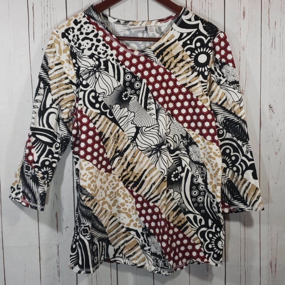 Chico's black, red, white, beige 3/4 sleeve 12 Lg